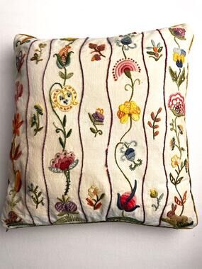 Vintage Hand Embroidered Crewel Floral Pillow 15x15 Animals Folk Art Cottagecore